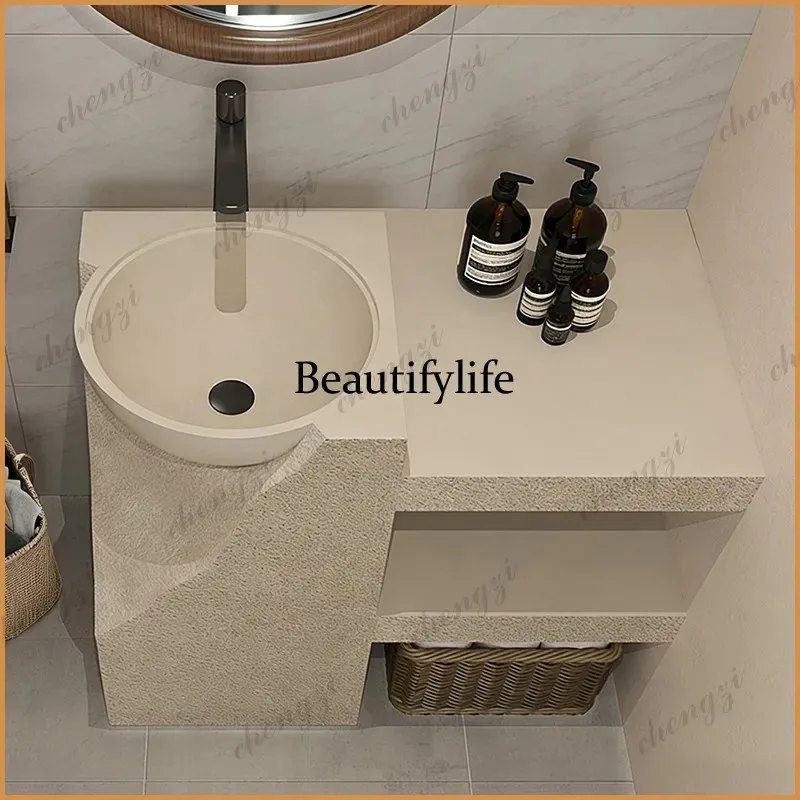 K153  Japanese personalized travertine wash basin square round integrated floor type face wash table creative art column basin