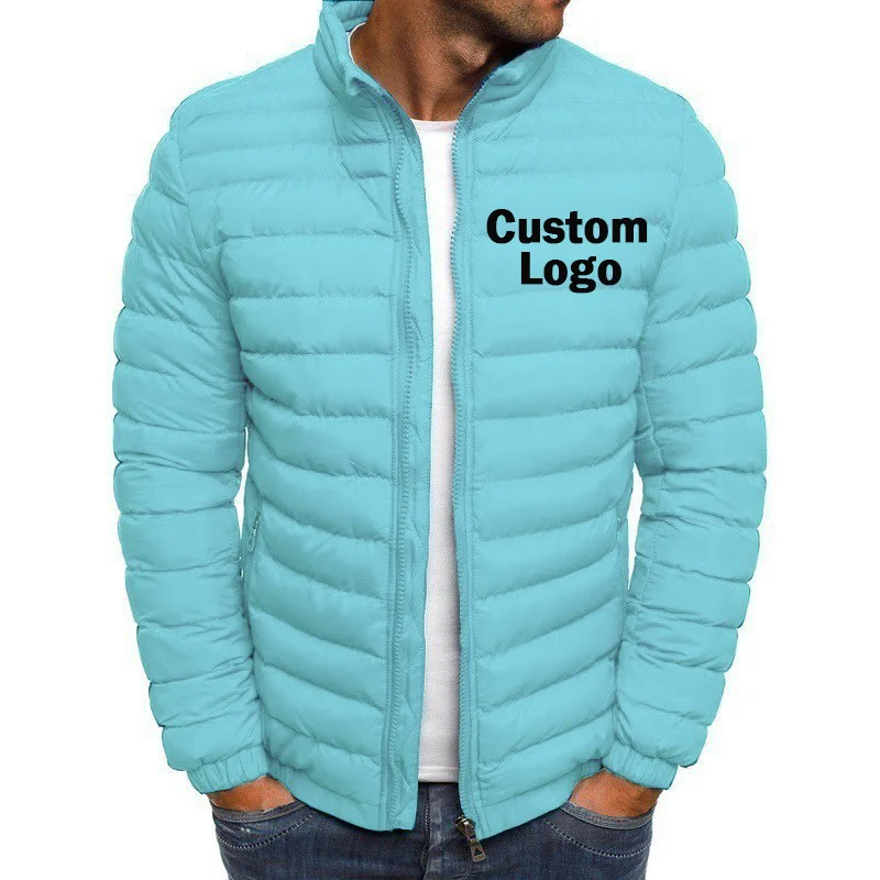 Custom Your Logo Men's Puffy Jacket Zipper Long Sleeve Coat Autumn Winter Outerwear Stand Collar Mens Casual Outwear