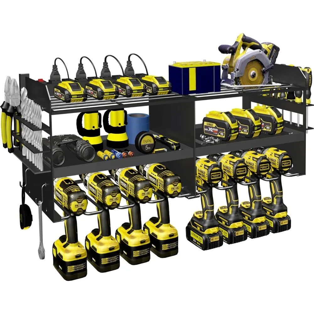 Organizador de herramientas eléctricas con estación de carga, soportes de 3 capas, estante de almacenamiento de herramientas de garaje de Metal resistente con 8 soportes de taladro