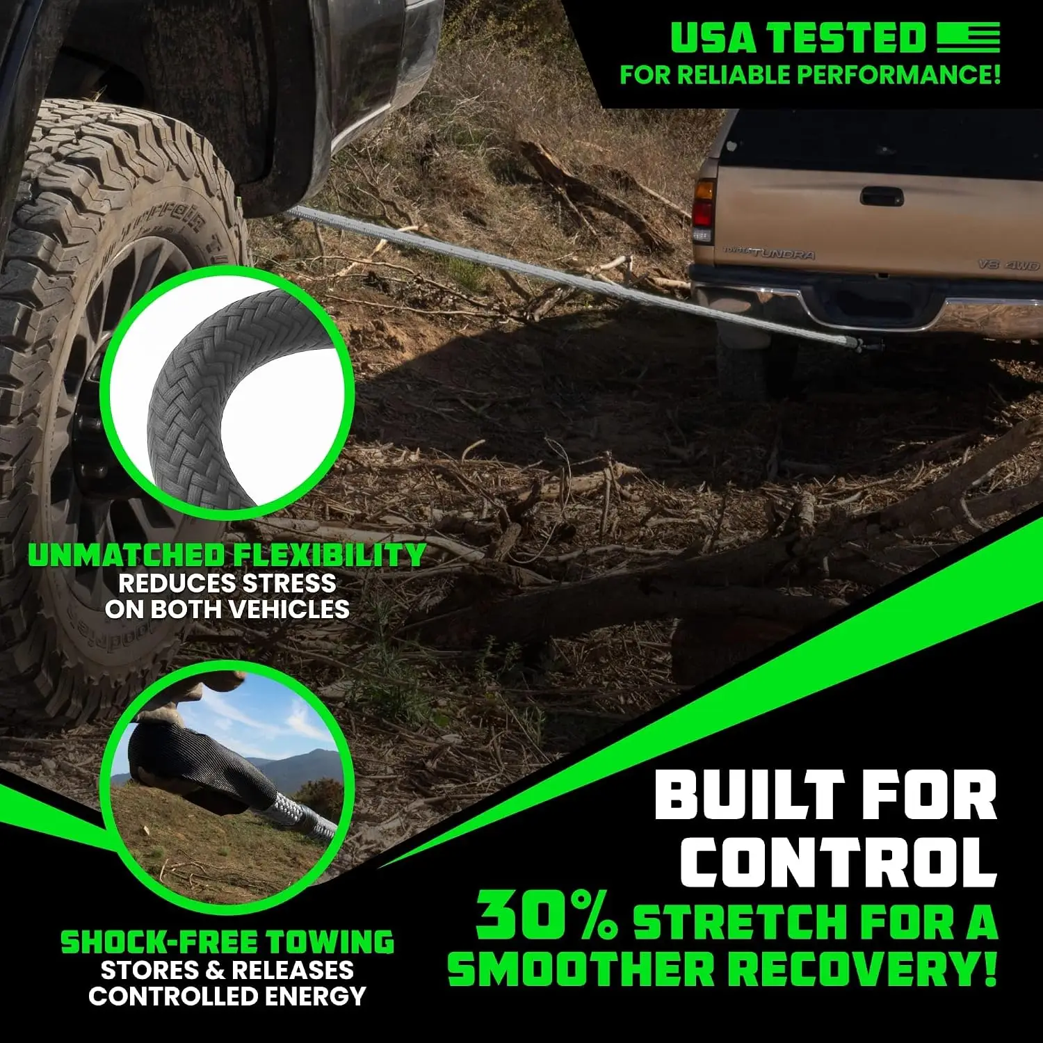 Kinetic Recovery Rope, 1in x 30ft - Heavy Duty Snatch Strap | Shock-Absorbing Stretch for Smoother Pulls. Tow Rope/Snatch