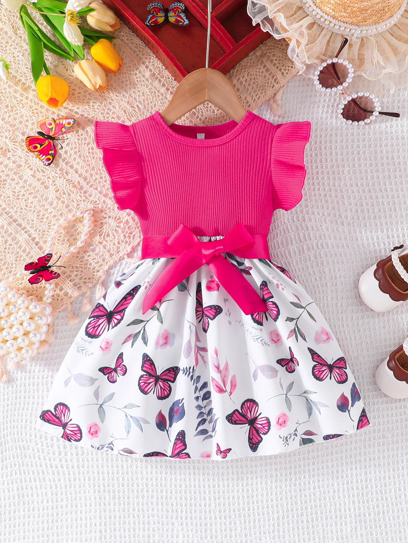 Dress For Kids 6-36 Months Cotton Ruffle Sleeve Cute Butterfly Floral Summer Princess Formal Dresses Ootd For Newborn Baby Girl