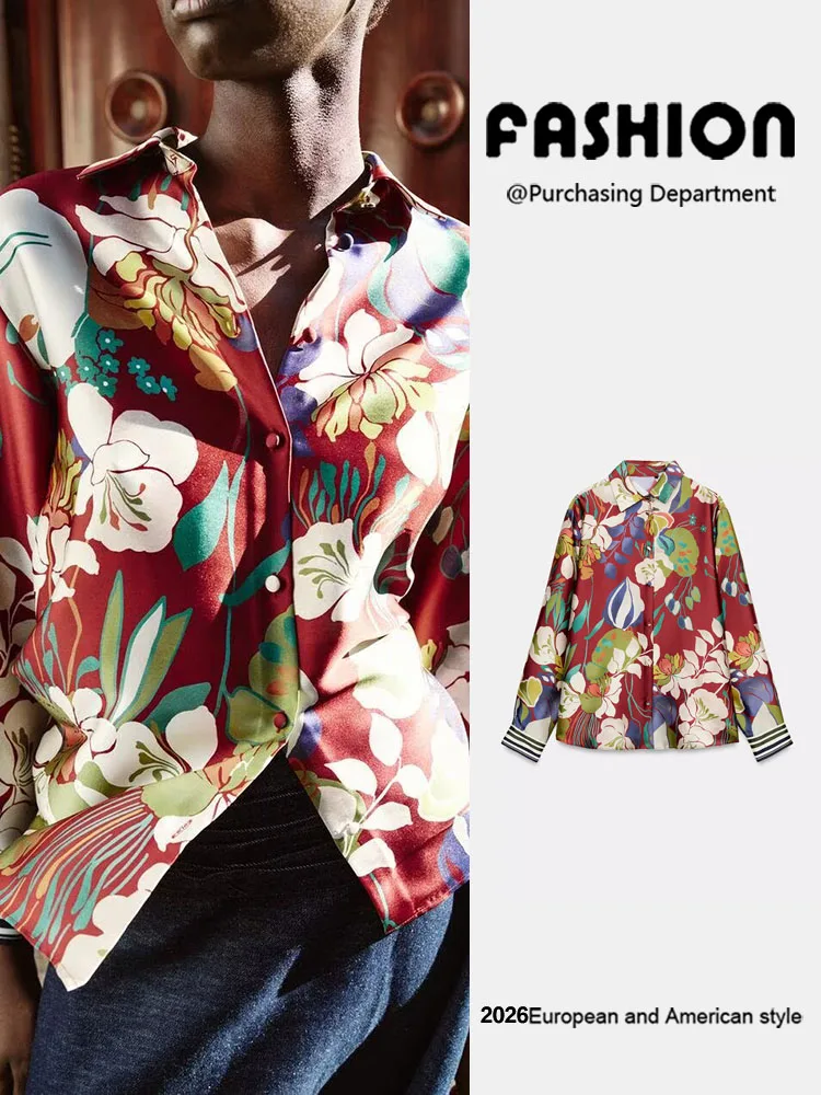 

Весенняя новинка: женская повседневная блузка с длинным рукавом, воротником и цветочным принтом из шелкового атласа. Элегантная модная женская одежда.