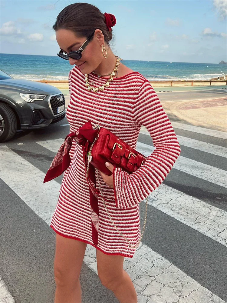 Striped Knit Sweater Mini Dress Female Patchwork High Waist Contrast Zebra Printed Beach Dress Women Knitwear Dress Autumn