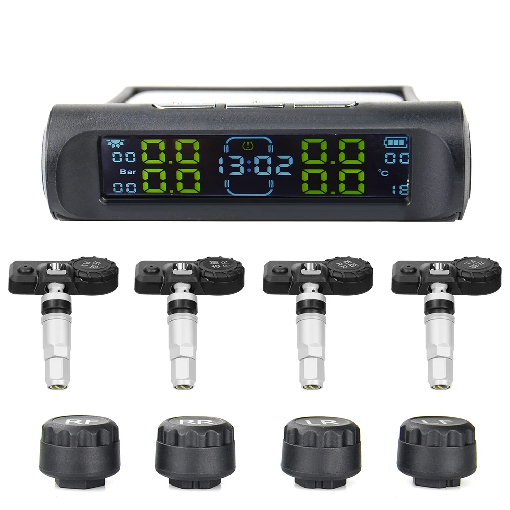 Solar Power USB Clock TPMS Car Tire Pressure Monitoring System LCD 4 External / Internal Sensors for SUV Temperature Warning