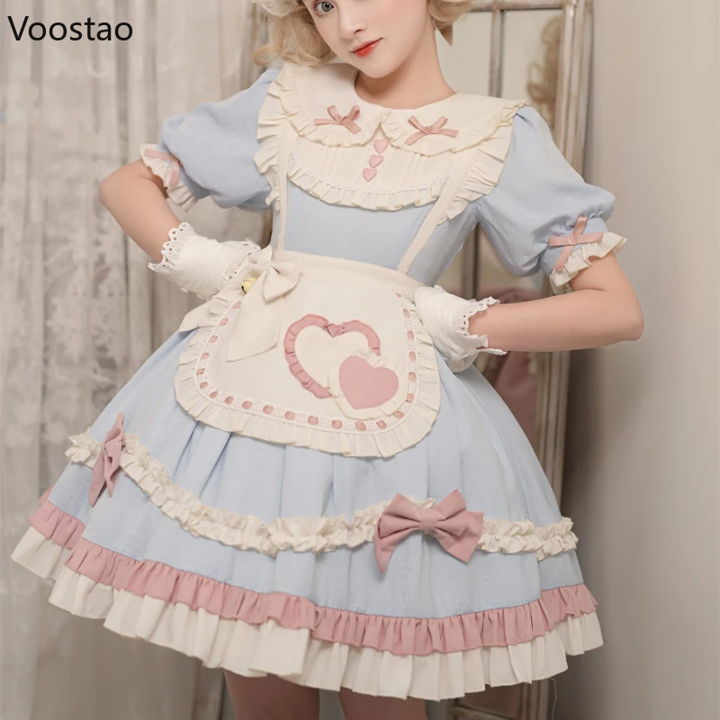 Kawaii lolita op kleid frauen süße peter pfanne kragen bogen rüschen schürze prinzessin kleid mädchen harajuku süße spitze tee party kleider