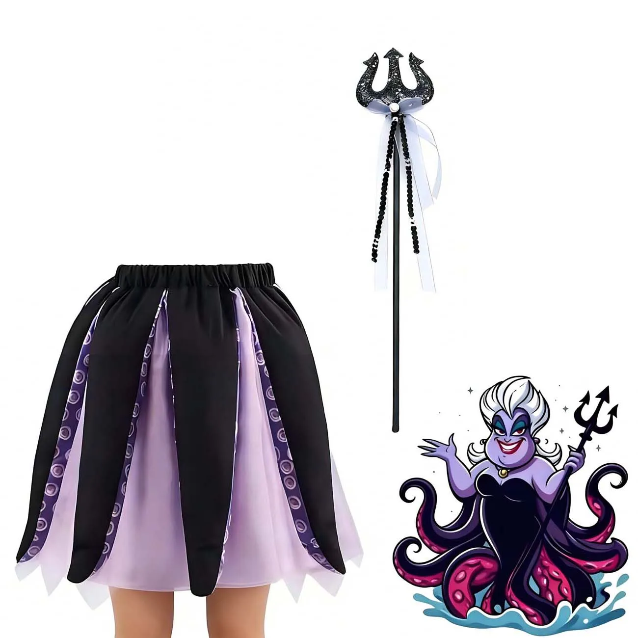 Ocean Wizard Oktopus-Kostüm, schwarz-lila Oktopus-Tutu-Rock und Dreizack-Requisite, Halloween-Cosplay-Kostüm für Erwachsene
