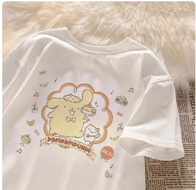 

MINISO Sanrio Pom Pom Purin Printed T-shirt 2025 New Short-sleeve Women Men Couple Casual Loose Versatile Hot-selling Tees
