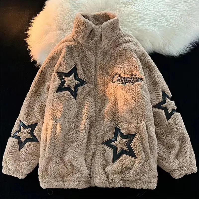 American retro pentagram embroidery fuzzy couple loose ins wind thickening cotton-padded jacket winter coat  jaqueta feminina