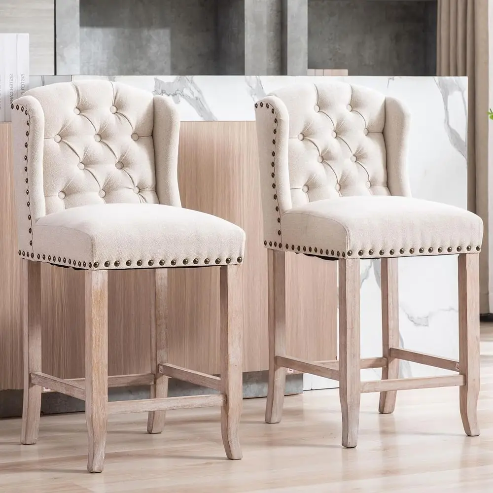 

Linen-Covered 26 Inch Counter Height Bar Stools Set of 2 with Solid Wood Legs, Beige