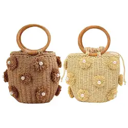 Women Handmade Woven Bag with Pearls Drawstring Wrist Purse Bohemia Bucket Handbag Female Simple Bag