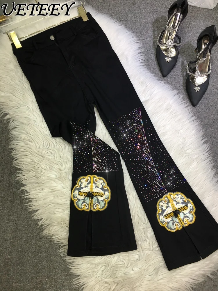 

Heavy Embroidery Hot Drilling Shiny Black Pants Handmade Beaded Bootcut Trousers Summer Cropped Casual Pants Female Pantalones