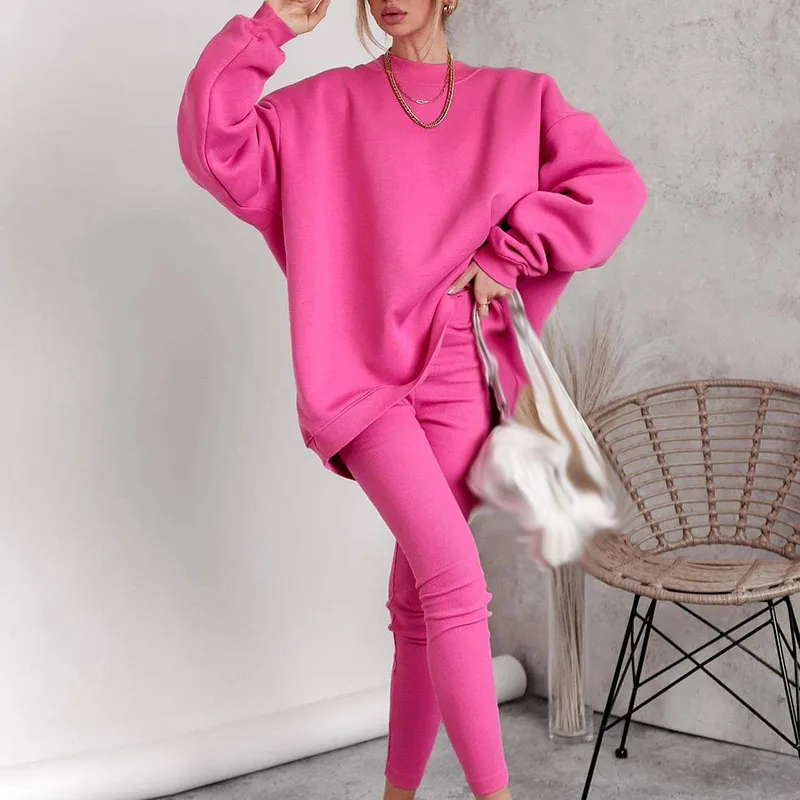 

Костюм с капюшоном и круглым вырезом для отдыха, простой однотонный свободный спортивный комплект из двух предметов, осенний наряд для йоги и фитнеса, брюки-карандаш