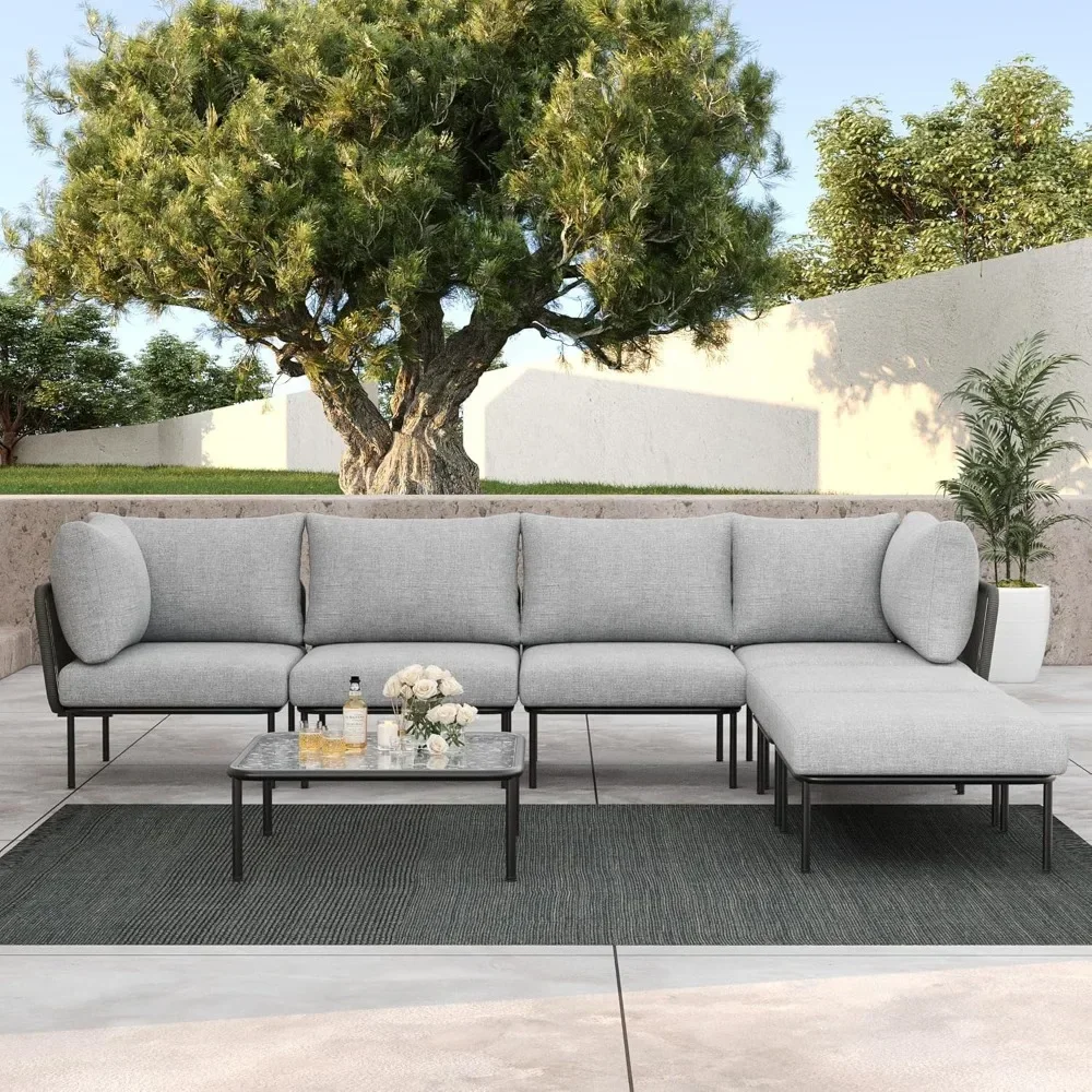 

7 Pieces Rope Woven Patio Furniture Set Modern Modular Sectional Sofa with Coffee Table and Upgrade Thickness Cushion