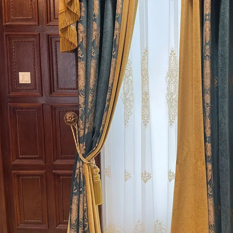 Retro Chenille Jacquard Stitching Thickened Blackout Curtains For Living Room Bedroom French Window Villa Customization Blue