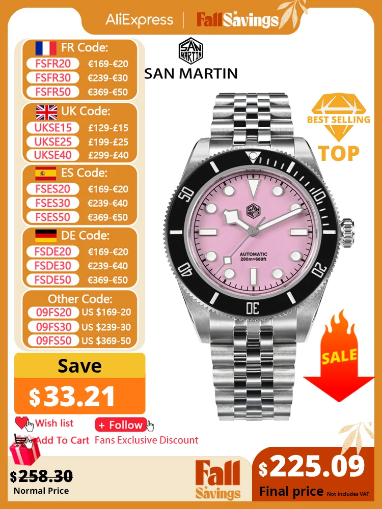 San Martin-Men's Pink BB Diver Watch, NH35, Clássico, Luxo, Automático, Mecânico, Impermeável, Sapphire, 40mm, 200m, SN0128, Top Brand