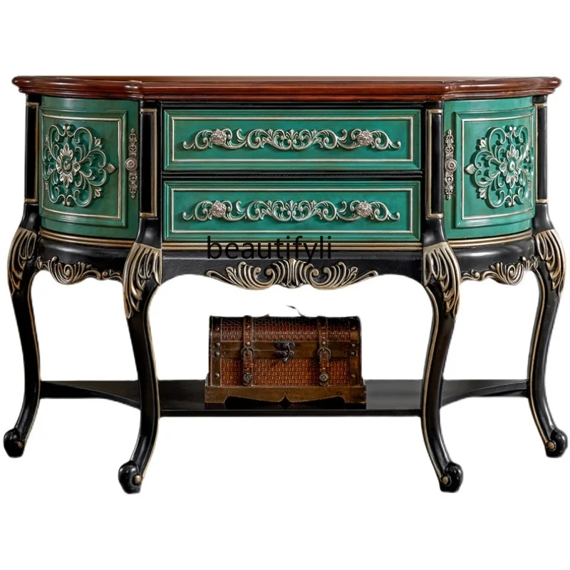 

GY American-Style Console Tables Wood Arc Semicircle Retro Aisle Cabinet European-Style Carved Hallway Corridor Decoration