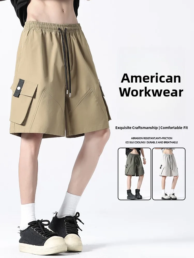 

Ice Silk Workwear Shorts Men's Summer Thin Loose Straight American Casual Five-Quarter Pants Youthful Energy Cool Feeling