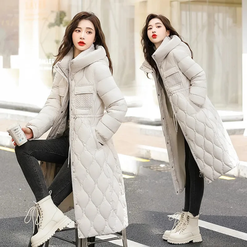 2023 New Women\'s Winter Jacket X-long Puffer Parkas Hooded Cotton Padded Female Coat Thick Warm Wadded Jackets Outerwear