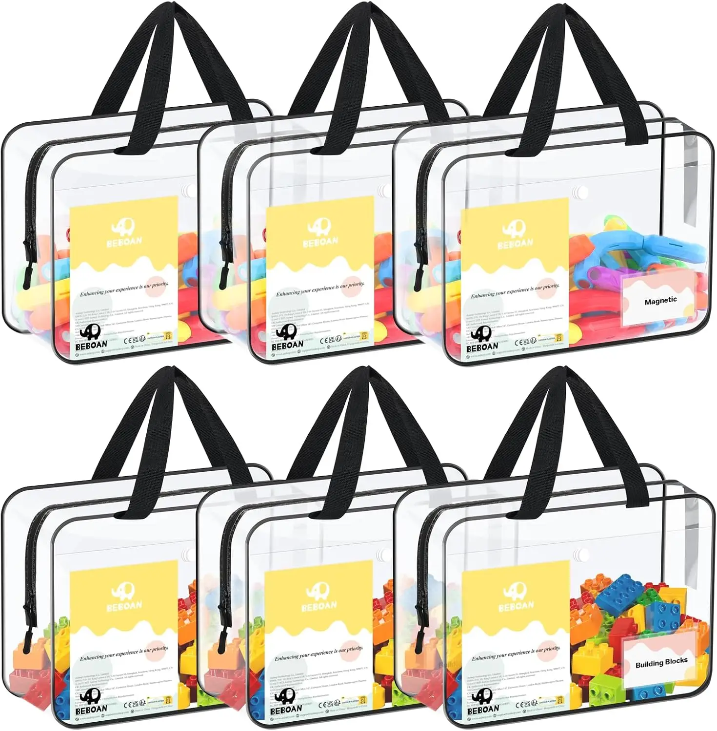6 Packs Storage Bags with Compartment, Portable PVC Clear Organizer with Handle and Zips, Waterproof Storage for Lego