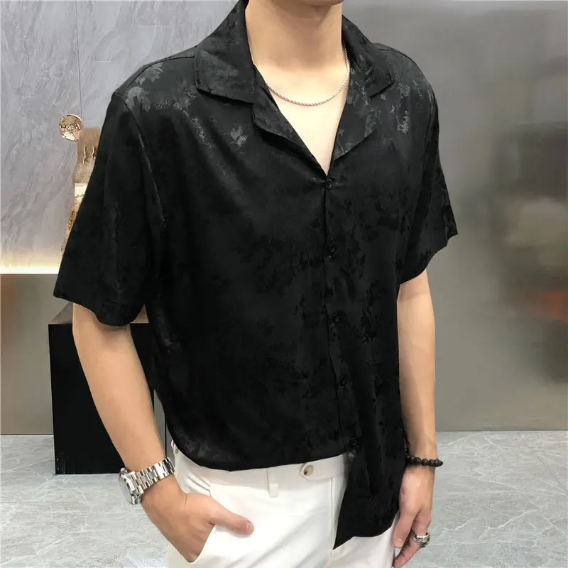 

2023 Summer Shirt Hip Hop Casual Tropical Holiday Top Men Hawaiian Shirt Streetwear Black Mercerized Jacquard Print Beach Shirt