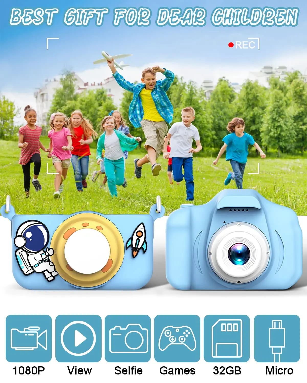 Space Cartoon Kids Selfie Camera HD Kids Digital Video X5S Cameras Toys with 32GB SD Card for Children Christmas Birthday Gifts