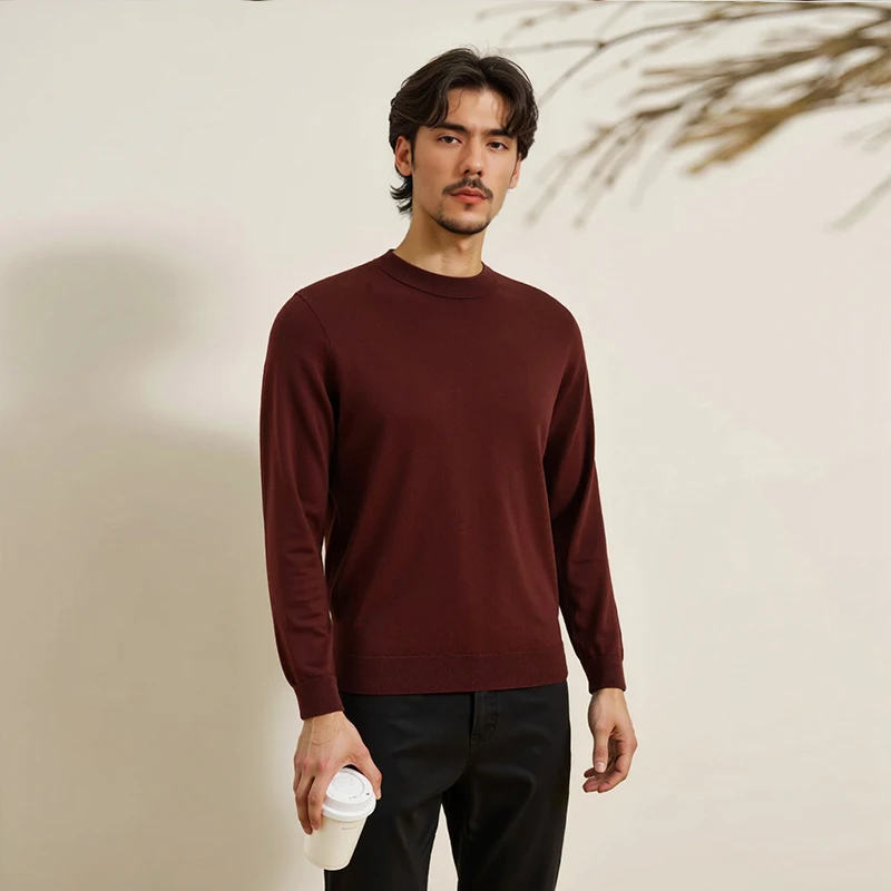 Kaos Rajut Wol 100% Pria Musim Gugur 2025 Kasual Kerah Bulat Slim Fit Tipis Jumper Lengan Panjang Wol Domba Superhalus Atasan Pullover