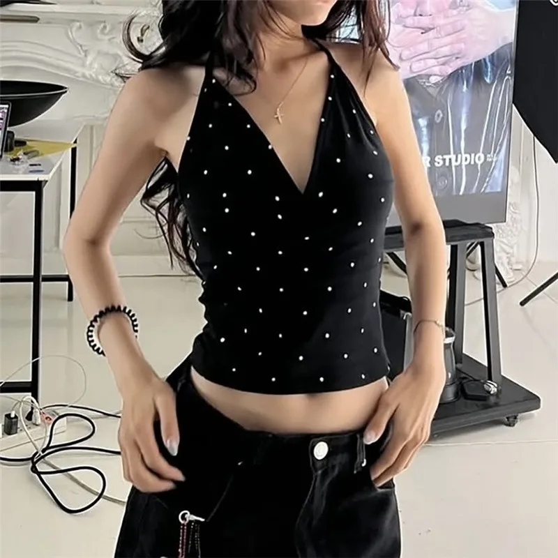 2026 European And American Summer: Sleeveless, Form - Fitting, Cropped Halter V - Neck Polka - Dot Printed Camisole Tops.