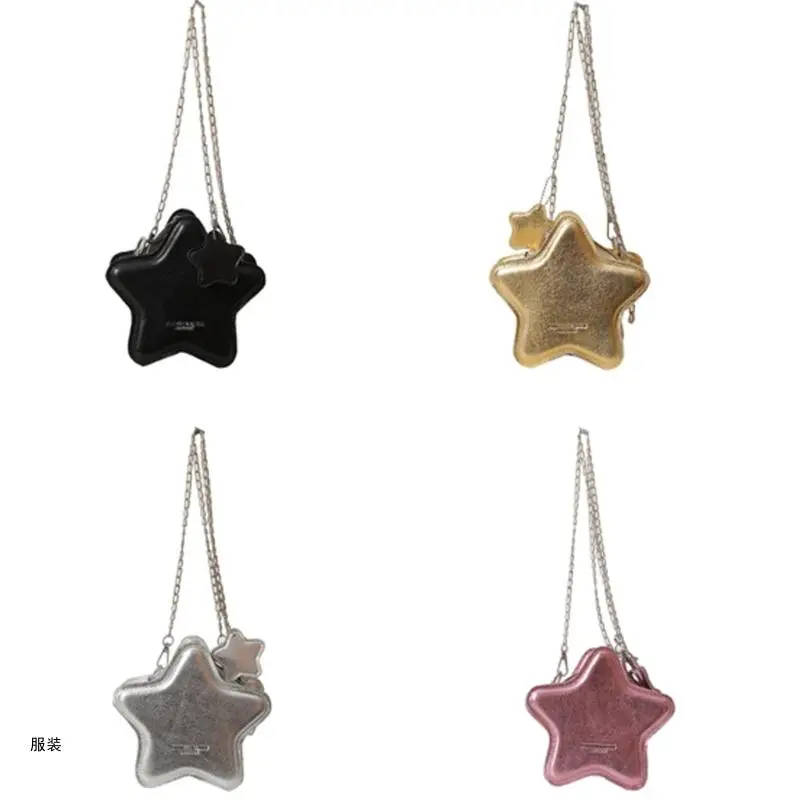 D0UD Bolso bandolera con forma estrella cuero PU metálico con bolso hombro con cadena Bolso pequeño