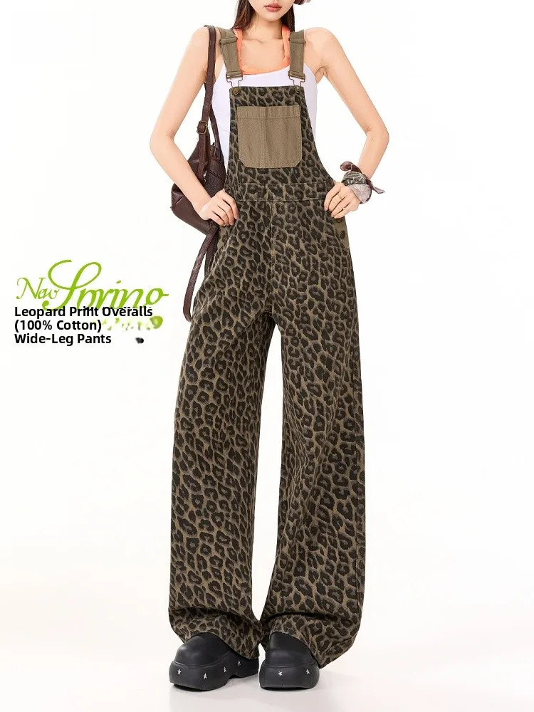 

Wide Leg Denim Overalls Women's Spring 2026 American Retro Leopard Print Loose Slimming Drapey Straight Leg Jumpsuit