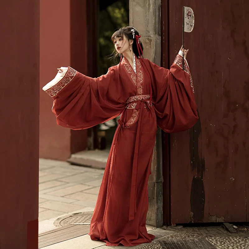 Chinese Straight-Front Robe,Female Hanfu,Red Color,Daily, Performance Costumes,Long Skirt,3pcs/set Inner/outer Robe And Belt