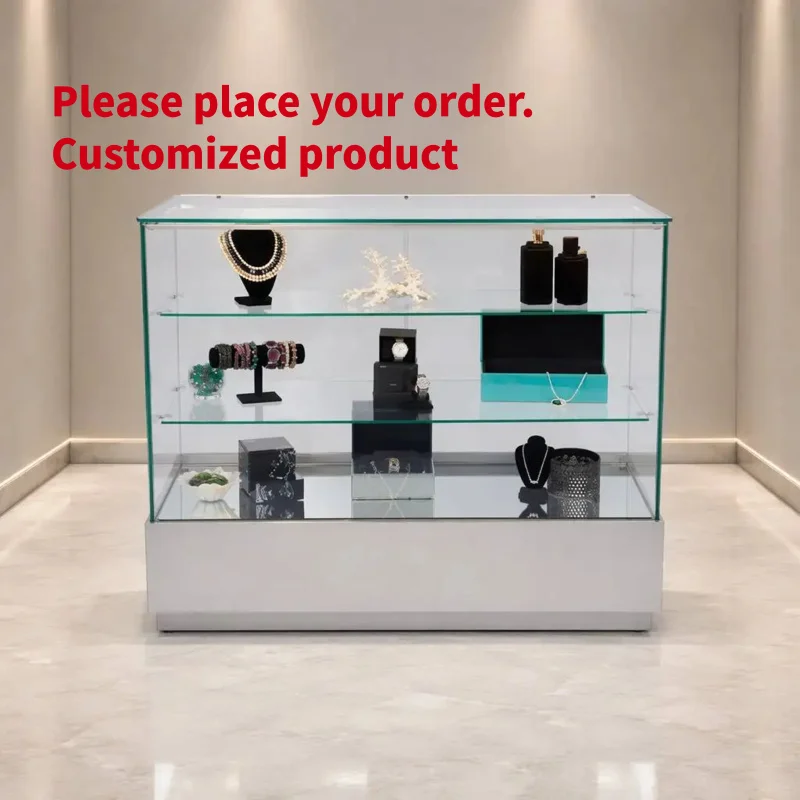 custom.Luxury 3-Tier Tempered Glass Jewelry Showcase with Mirrored Base & Brushed Stainless Steel Pedestal Countertop Display Ca