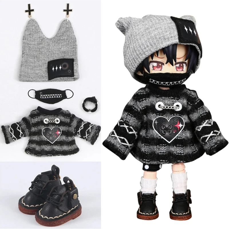 OB11 Clothes Fashion Striped Sweater Wool Hat Mask Set for Molly, 1/12bjd, GSC Body,YMY,UFdoll, Obitsu11 Dolls Accessories Shoes