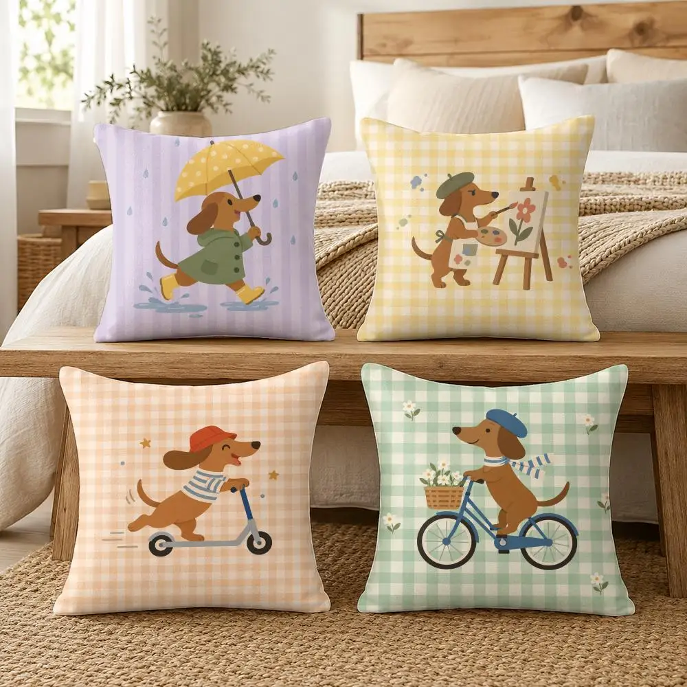 Cute Dachshund Riding Scooter Cushion Cover Soft Short Plush Pillow Cases Hidden Zipper Cutecore Sofa Bedroom Home Decor Gift