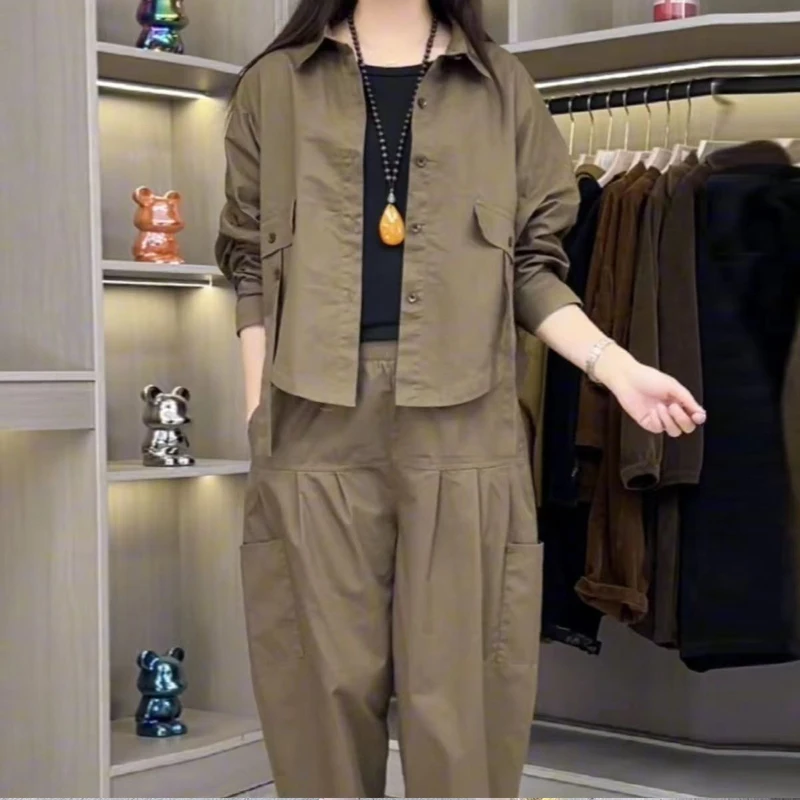 Spring Autumn New Solid Color Ladies Suits Fashion Turn-down Collar Long Sleeve Button Shirt Elastic Waist Pockets Haren Pants