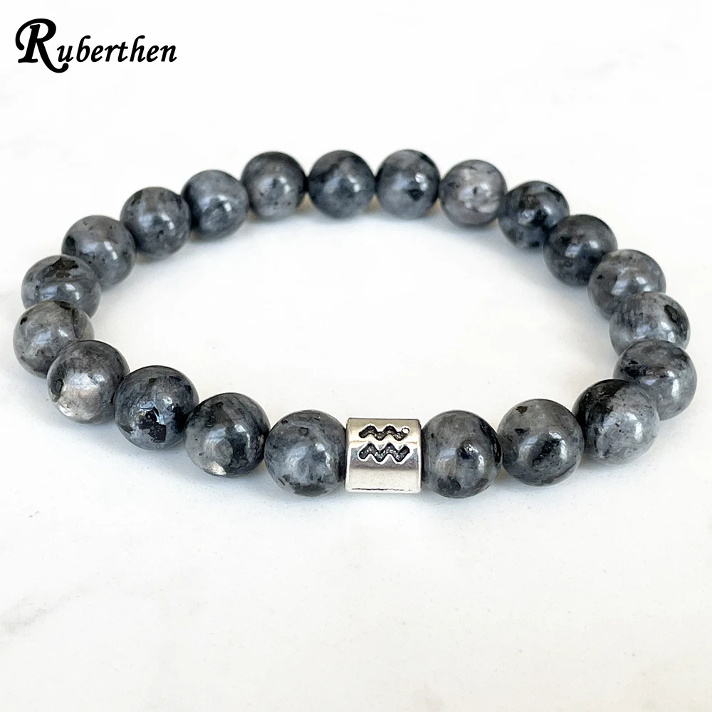 Ruberthen Womens Fashion Aquarius Zodiac Bracelet 8 MM Gray Larvikite Energy Wrist Mala Natural Handmade Gemstone Jewelry