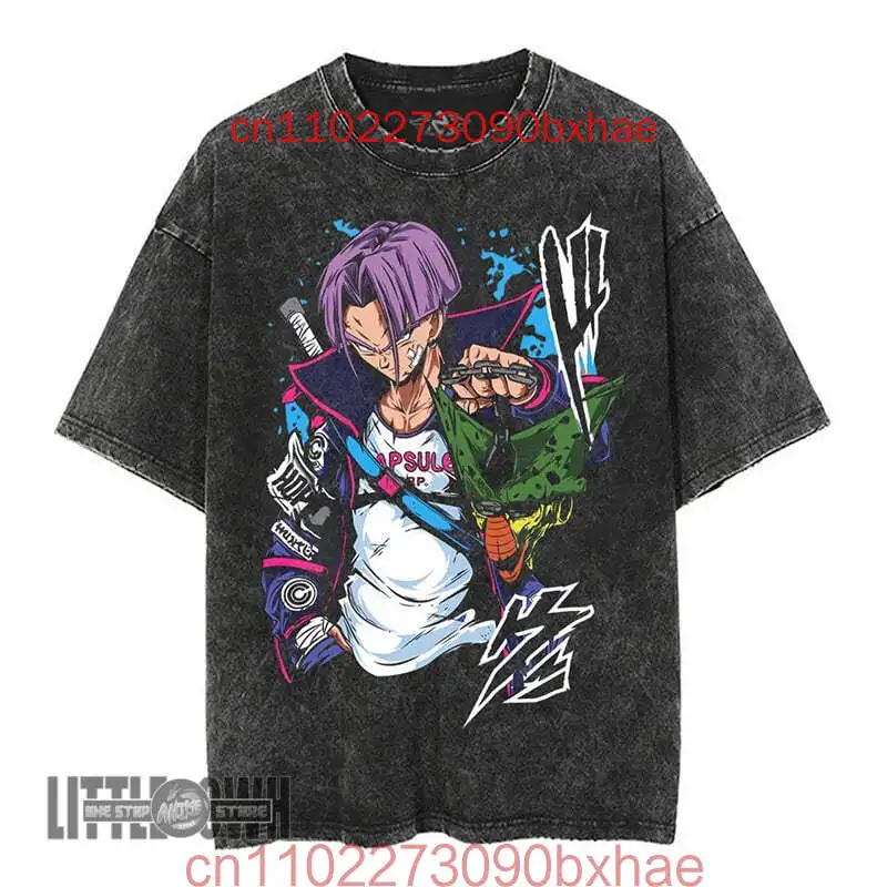 

New Vintage Washed TShirt Men Summer Hip Hop Streetwear T-shirt Dragon Ball Anime Print Cotton Casual Short Sleeve Tshirt