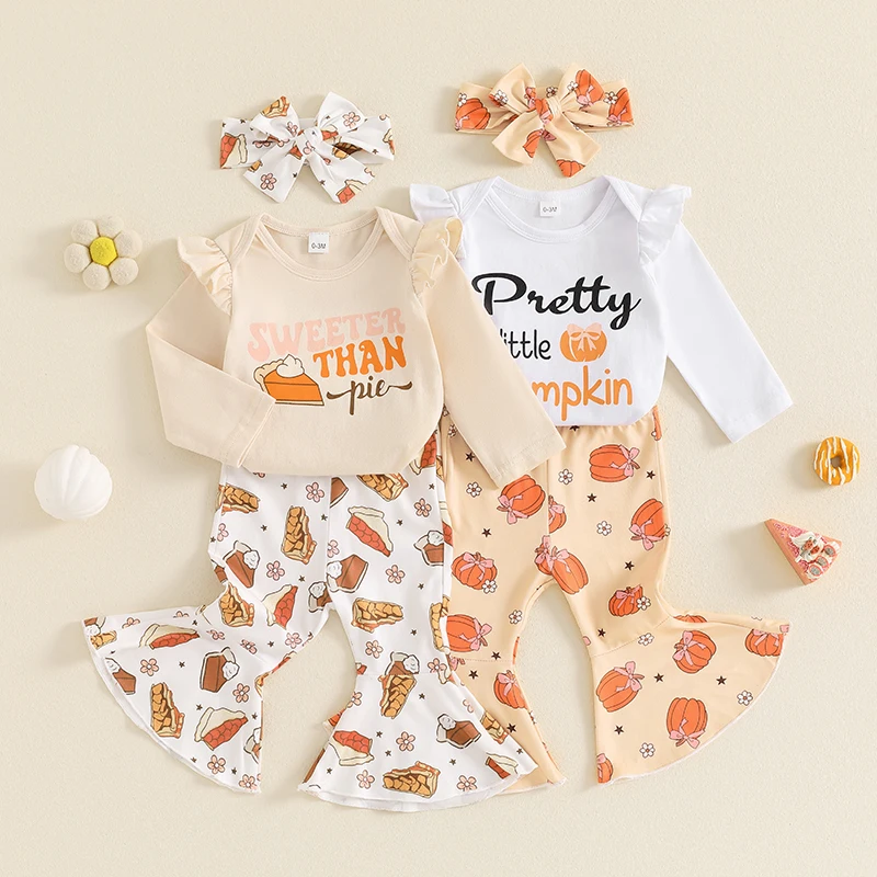 

2024-06-04 Lioraitiin Baby Girls Halloween 3PCS Sets Long Sleeve O Neck Romper Pumpkin/Pumpkin Pie Print Pants Headband Sets