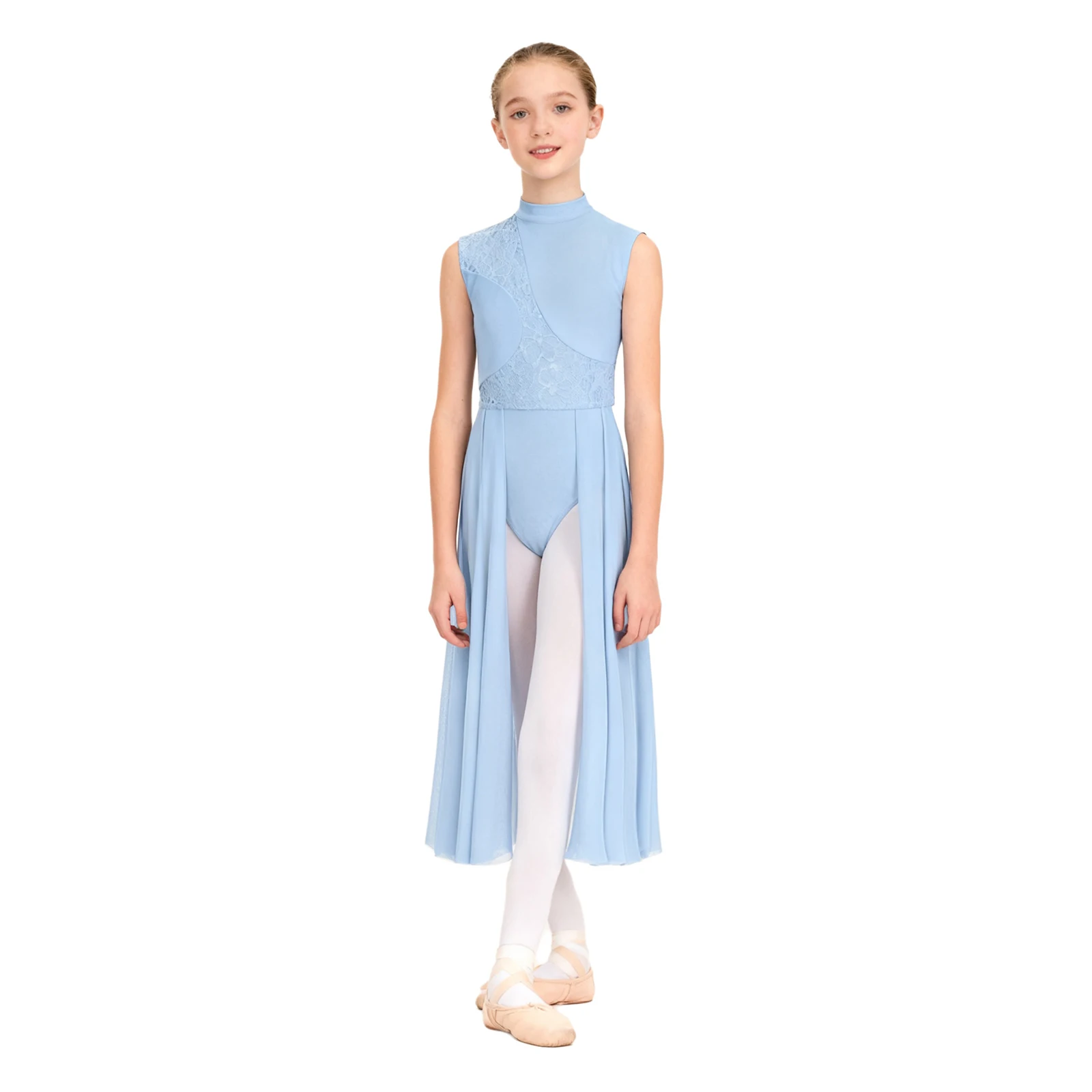 

Kids Girls Floral Lace Ballet Dance Performance Dress Cutout Back Sleeveless Lyrical Leotard for Ballet Stage Showing Outfits