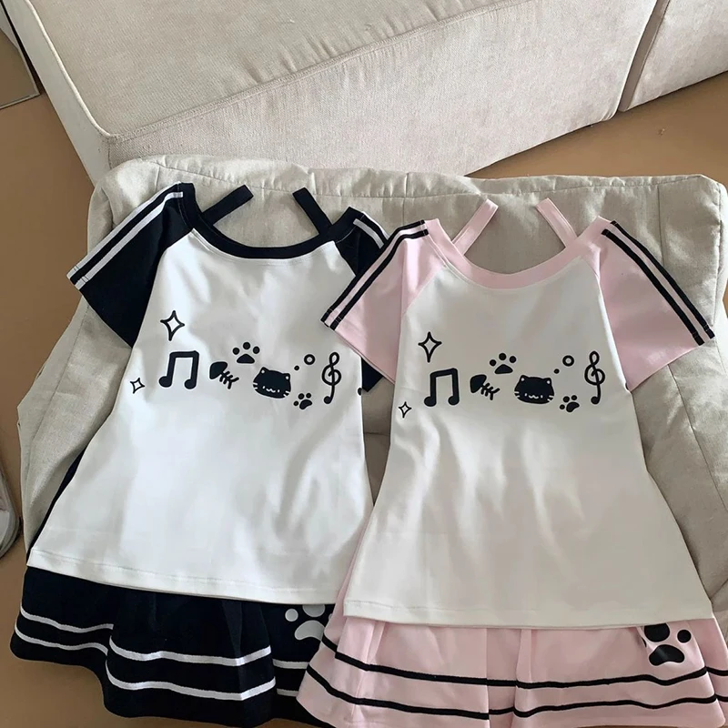 

Japanese Kawaii Cartoon Printing T Shirt Jk Summer Patchwork Women Casual Loose Tops Y2K Aesthetic Contrast Color Grunge Tees