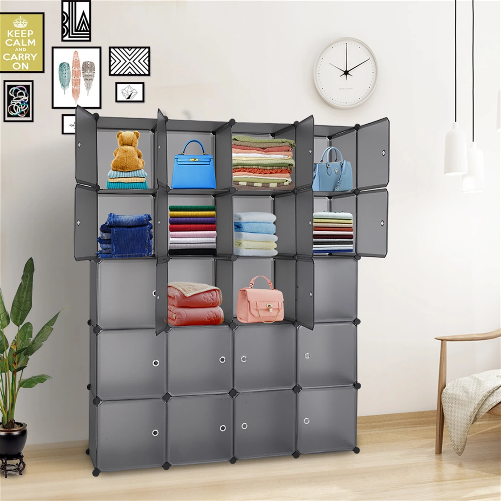 

20 Cube Organizer Stackable Plastic Cube Storage Shelves Design Multifunctional Modular Closet Cabinet with Hanging Rod Gray