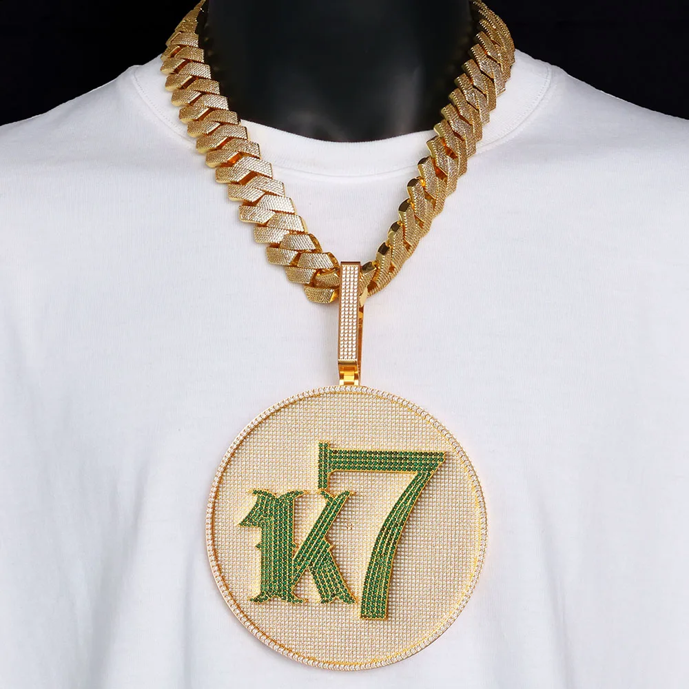 

HHIOK Hip Hop Style Custom Large 5Inches Iced Out Round Letter Name Number Pendant Brilliant Cut Diamond Necklace for Men Women