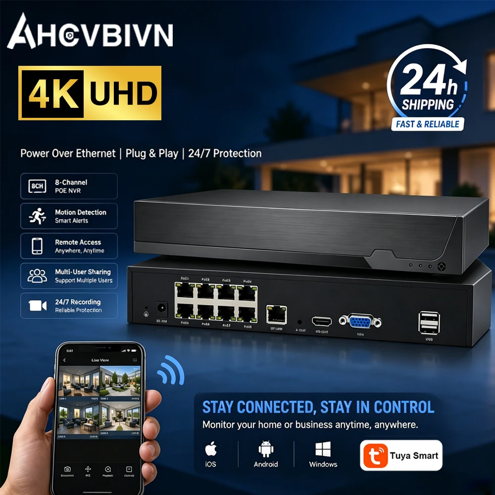 

Tuya Smart 4K 8MP 8CH POE NVR Face Detection Network Video Recorder H.265+ 24/7 Recording IP Camera P2P System