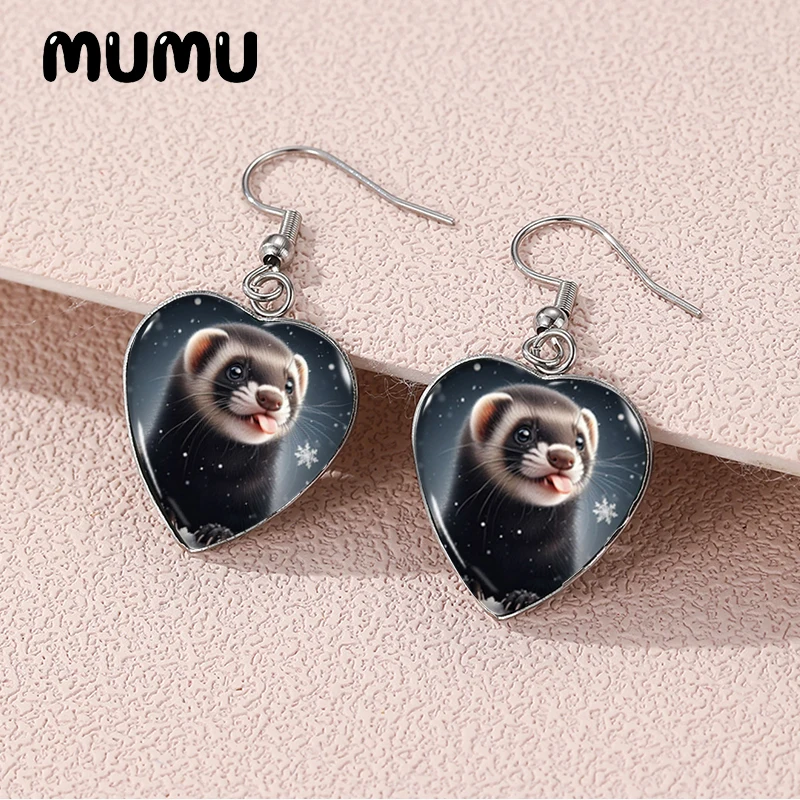 2025 New Ferret Dangle Earring Heart Shaped Earrings Handmade Glass Dome Jewelry