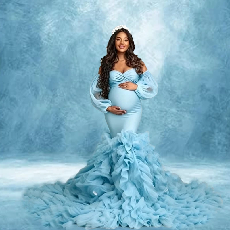 Pregnancy Mermaid Gown - Flared Hem Stretch Tulle Dress with Waist Definition - Maternity Photography dresses vestido maternidad