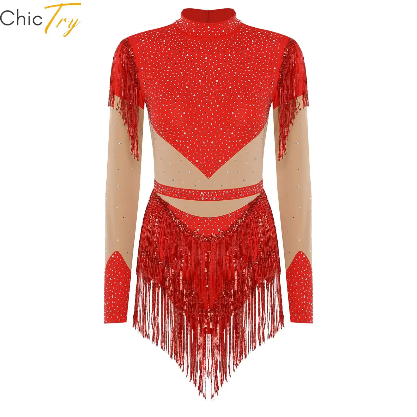 

Женское трико для фигурного катания, платье со стразами, гимнастическое боди с юбкой и кисточкой с блестками и длинными рукавами для латинских джазовых танцев