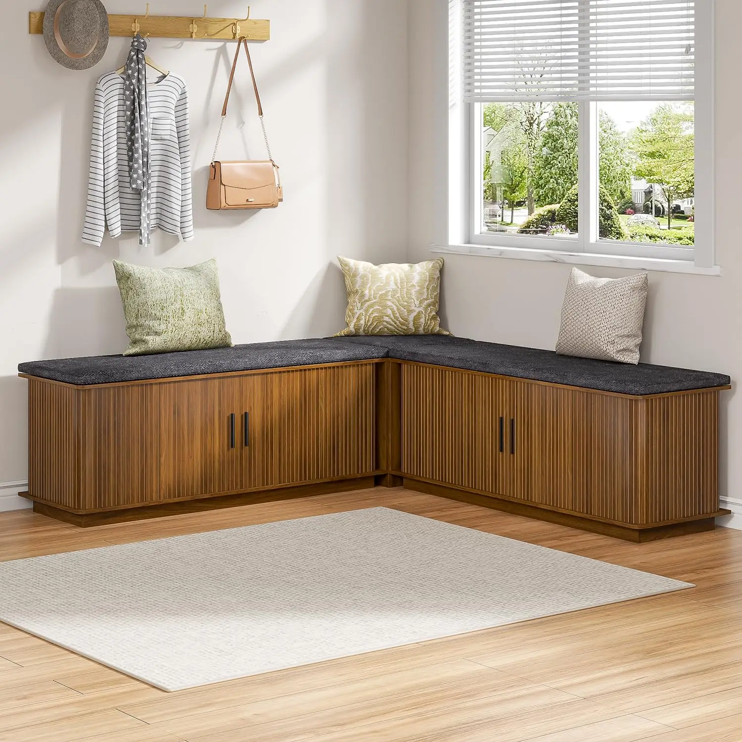 L Shaped Walnut Storage Bench, Fluted Corner Shoe Bench for Entryway, Customized