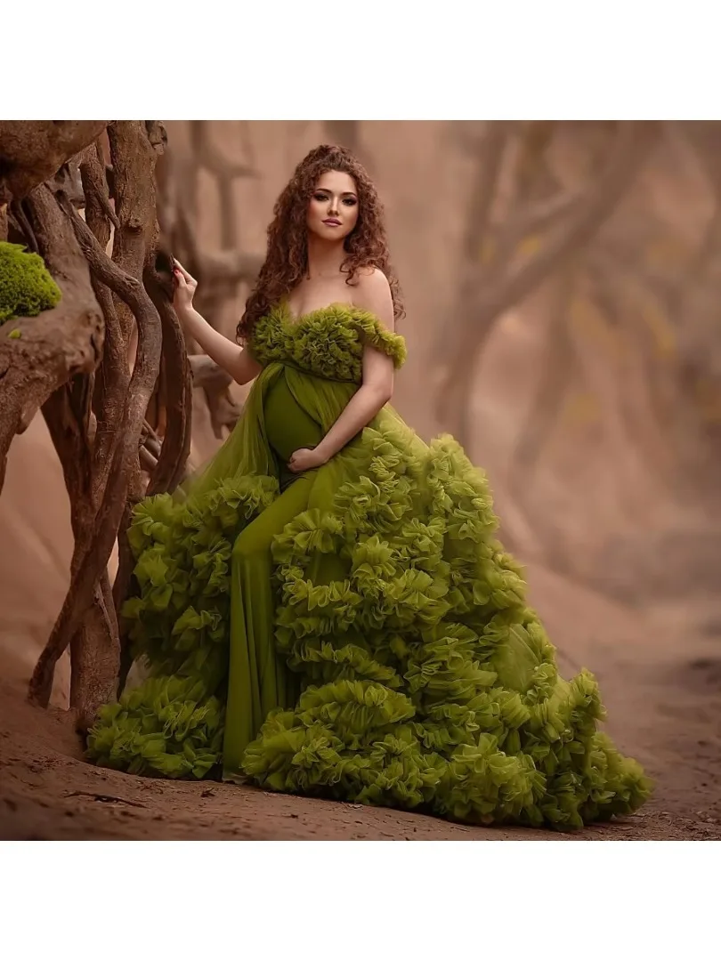 Green Ruffled Maternity Prom Dress Photoshoot Customized Pregnant Women Layers with Lining Tulle Ruffled Tiered Bridal Dress
