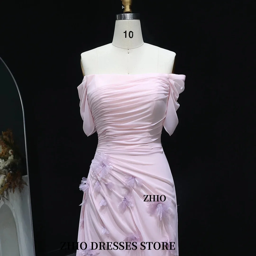 ZHIO Elegant Pink 3D Flower Shoulder Stripping Formal Evening Dress Chiffon Women Wedding Dress Prom Dress Customized