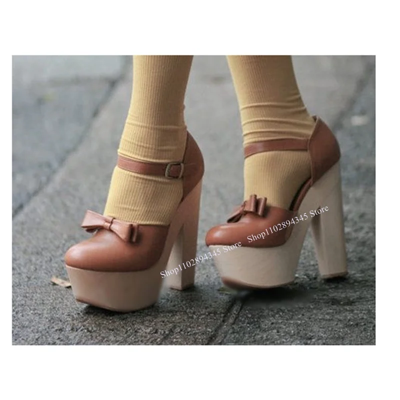 Brown Bow Knot Buckle Pumps Chunky Heel Shallow Hollow Fashionable Sexy Winter Casual Big Size Woman Shoes Zapatillas Mujer