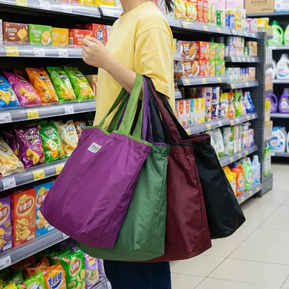 Drawstring Supermarket Shopping Bag Fashion Reusable Grocery Storage Bag Eco-Friendly Shoulder Handbag for Travel Pocket Tote Ba